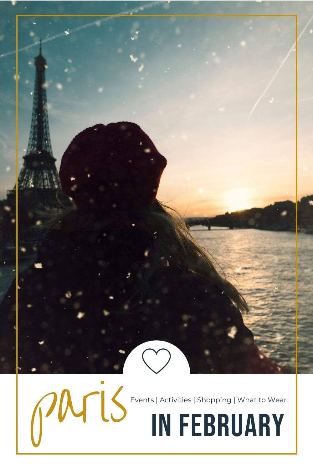 Paris in February girl in snowy weather looking at the eiffel tower in a distance