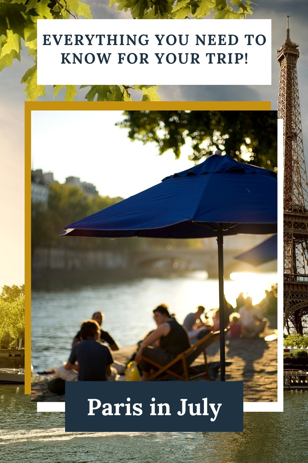 Paris in July people sitting under an umbrella along the Seine in Paris