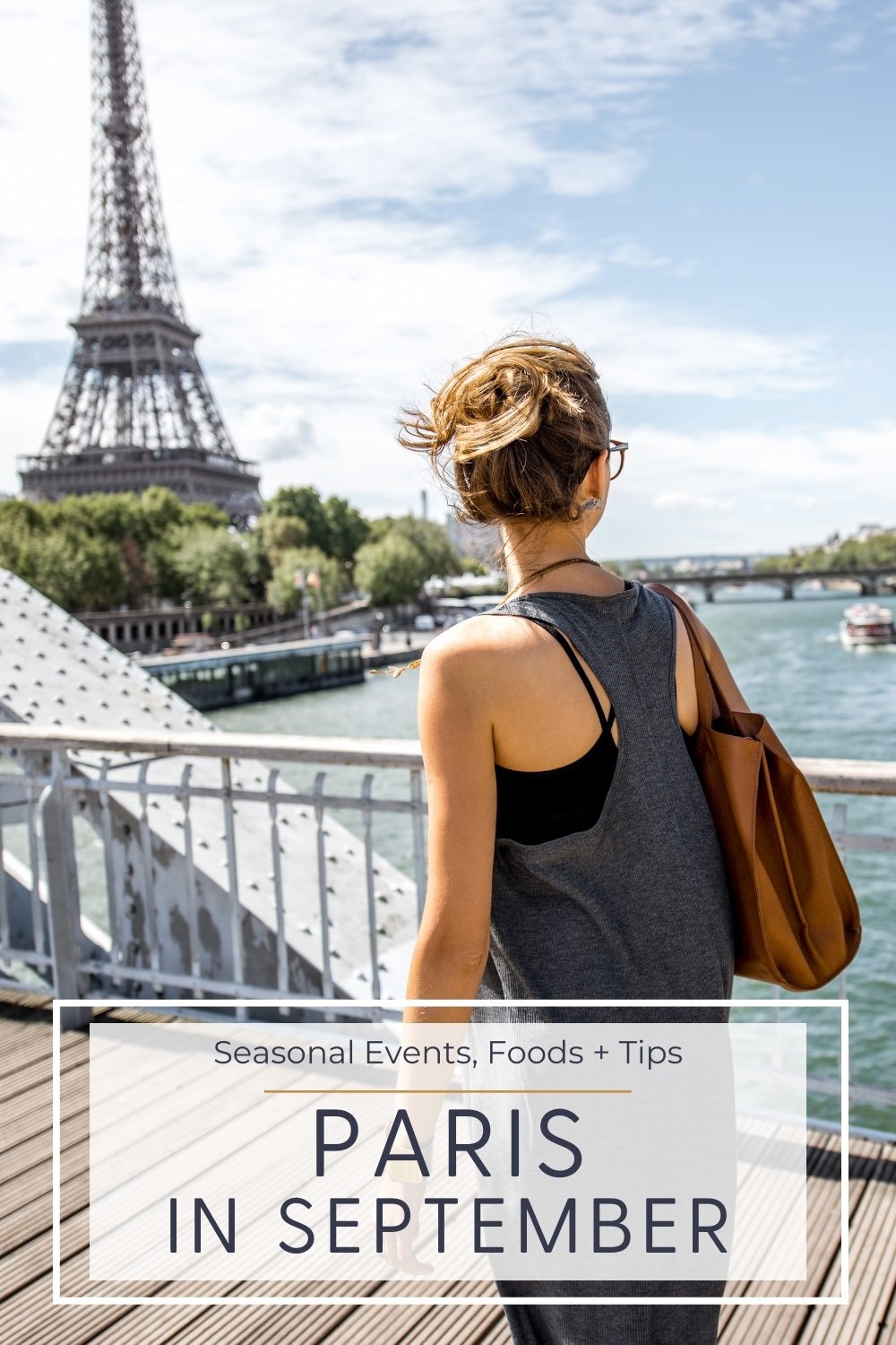 September in Paris girl walking on bridge in paris