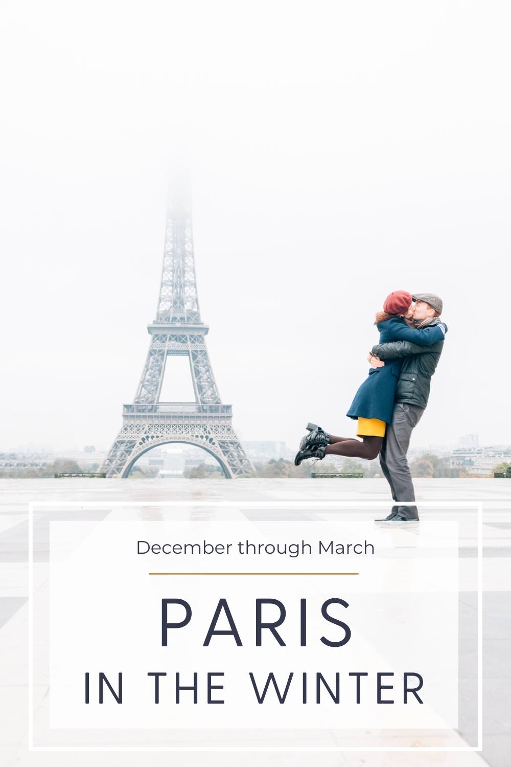 Paris in the Winter is a Magical Place to Visit couple hugging in winter in front of eiffel tower